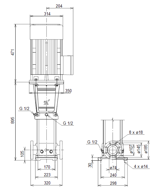 格兰富CR32-5-2A-F-A-E-HQQE水泵尺寸图